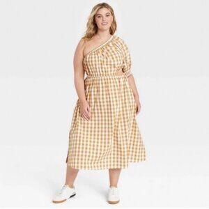 Who What Wear Yellow Plaid Puff Sleeve One-Shoulder Cut-Out Dress